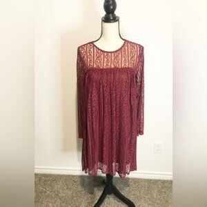 Altar’d State beautiful maroon long sleeve baby doll dress size small.